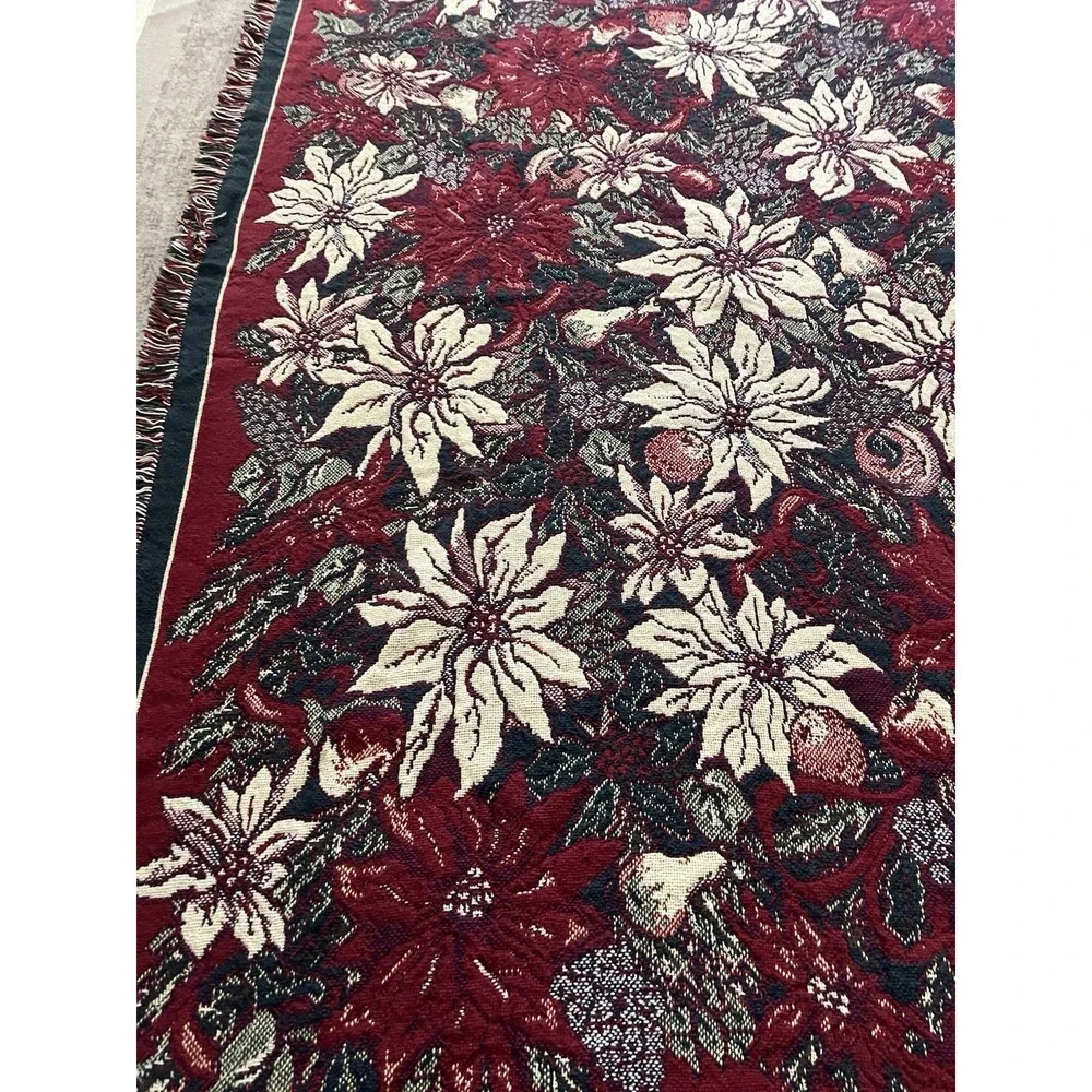 REVERSIBLE Christmas Tapestry Throw Blanket Poinsettia Flower Holiday 67
